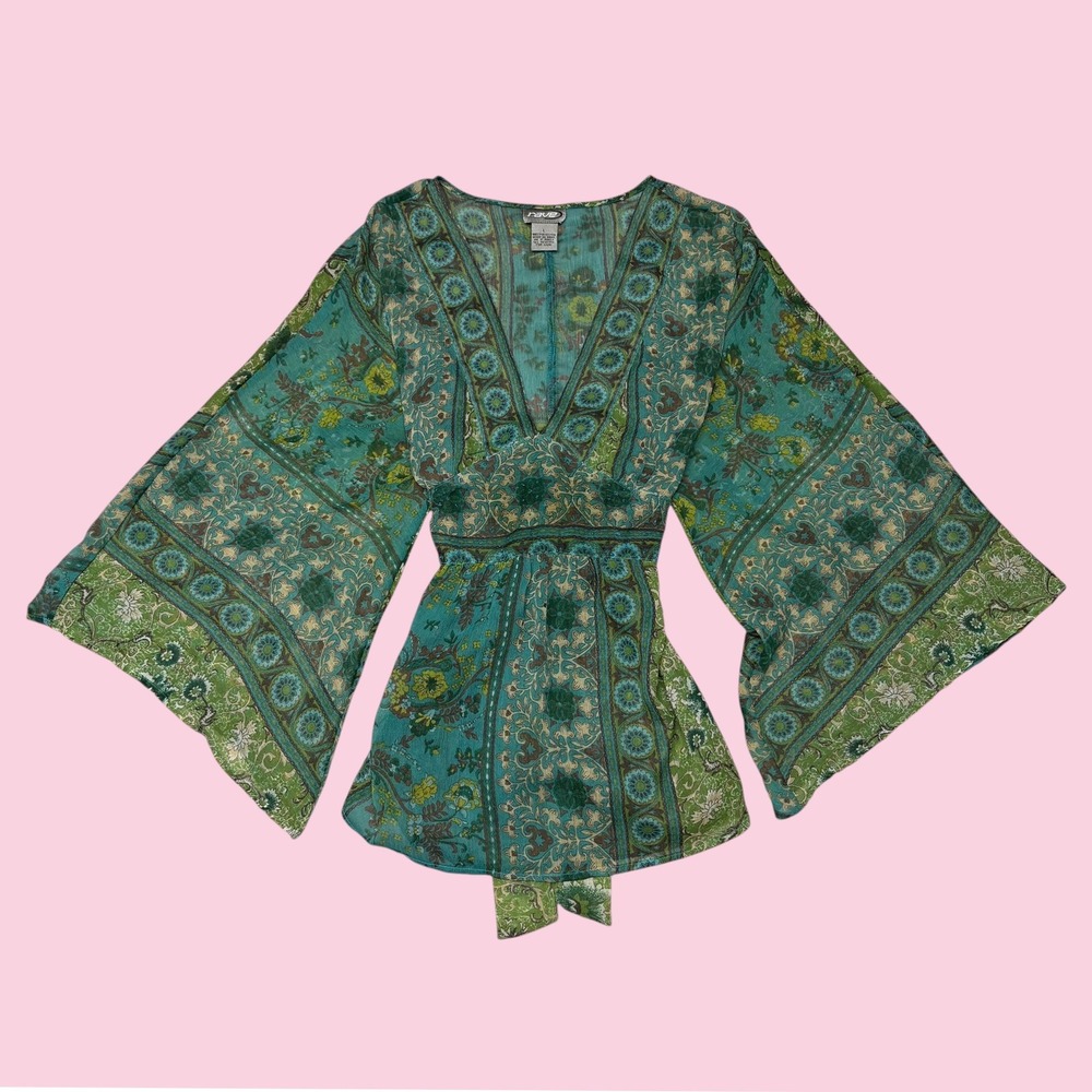 Rave Womens Teal Green Paisley Bell Sleeve Boho Blouse Beaded Tie Back Large